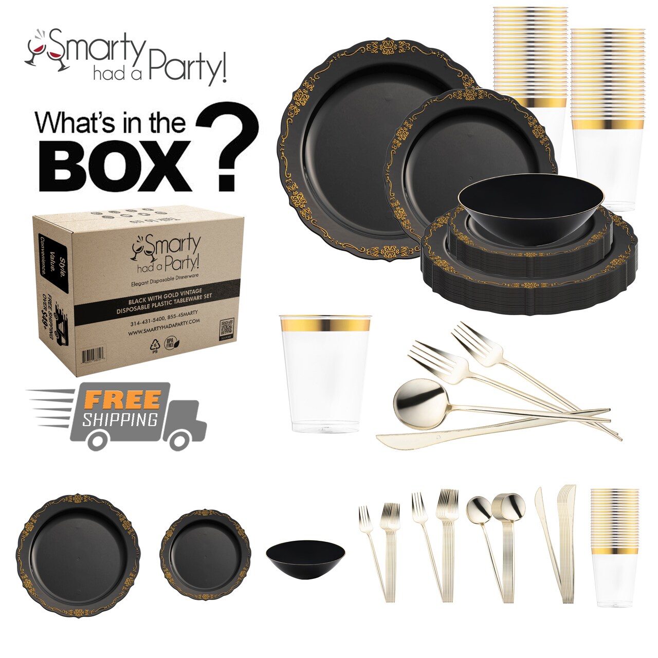Black with Gold Vintage Disposable Plastic Tableware Set (120 Settings)